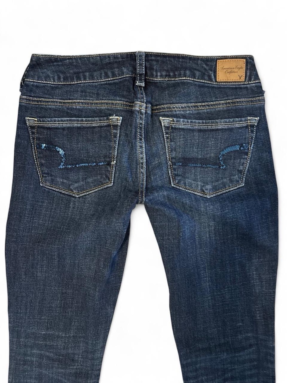Hollister Women's Dark Blue Bootcut Jeans with Sequin Pocket Detail